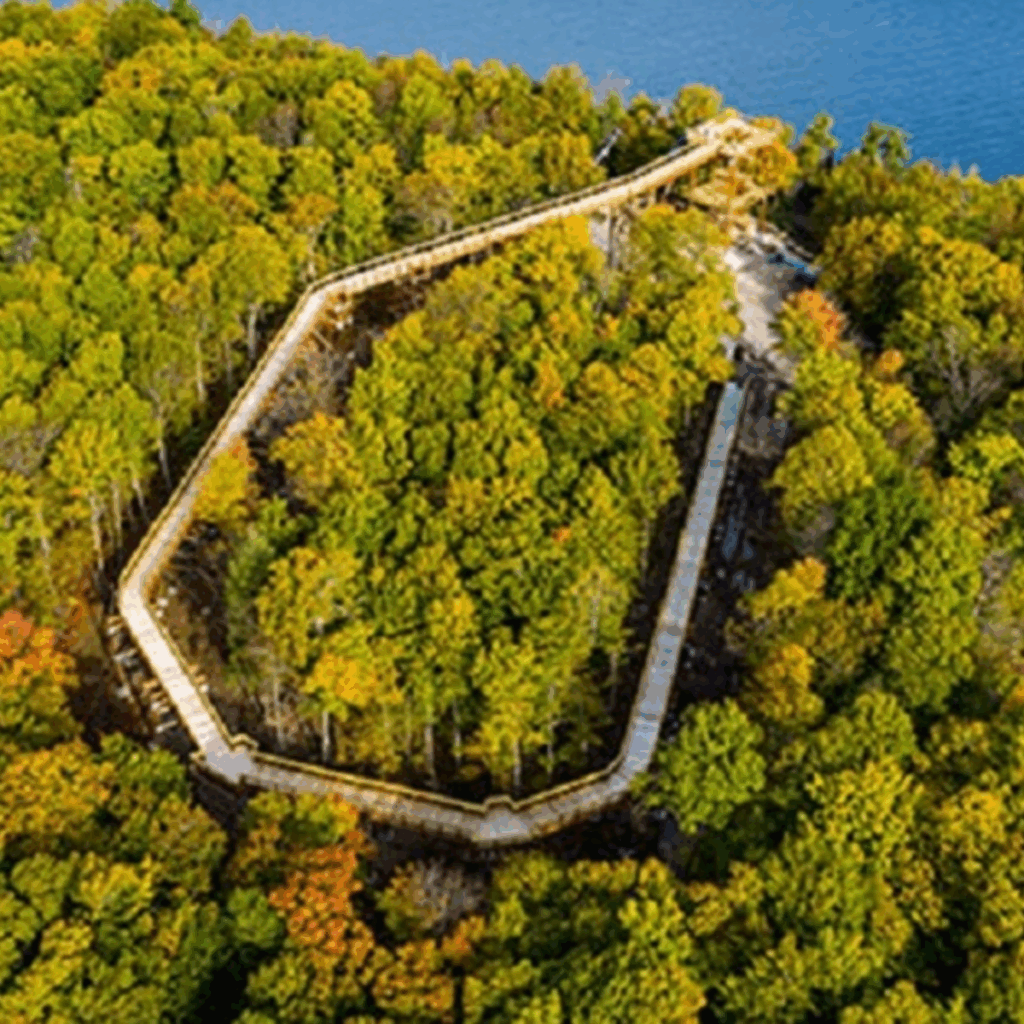 Peninsula State Park, Door County WI, aerial view of boardwalk.
