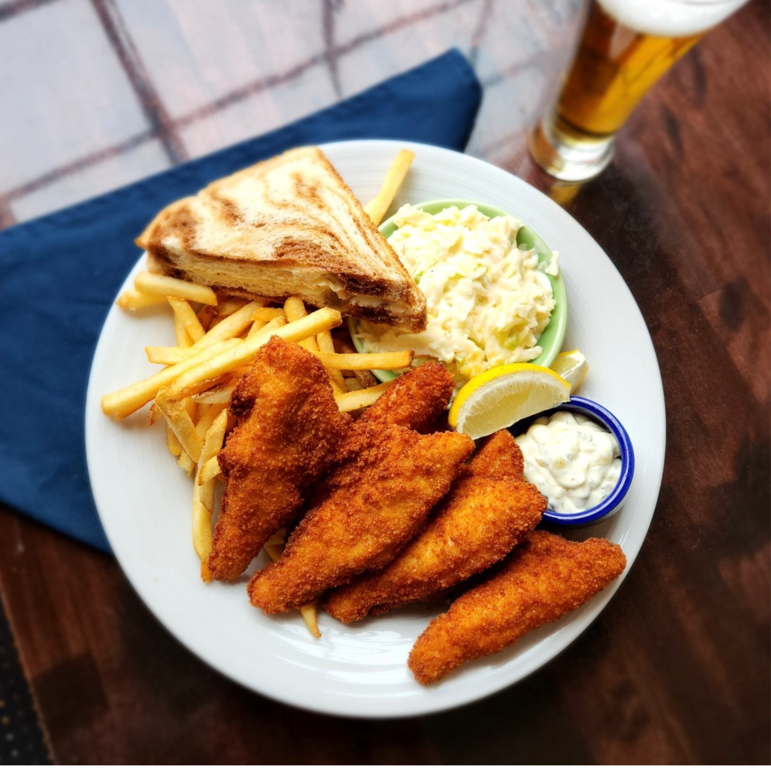 Door County perch fry with fries, lemon, and tartar sauce